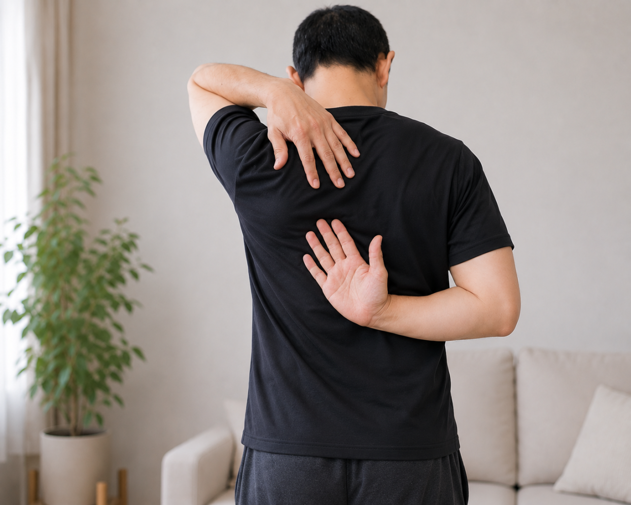 背中で手が組みにくいのは、肩が硬いから?それとも肩甲骨・胸椎?